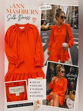 Ann Mashburn 100% Silk Orange Ruffle Hem Dress Size M